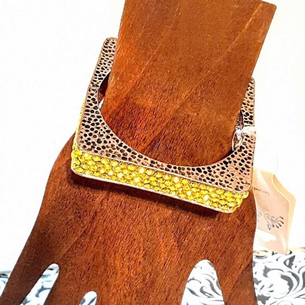 PARIS COLLECTION Yellow Crystals & Gold Hammered Metal Square Designer Bracelet